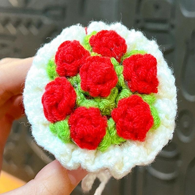 Handmade Crochet Flower Keychains Purse Bag Accessories Key Charm Car Keyrings Valentines Gift Bouquet Keychain Women