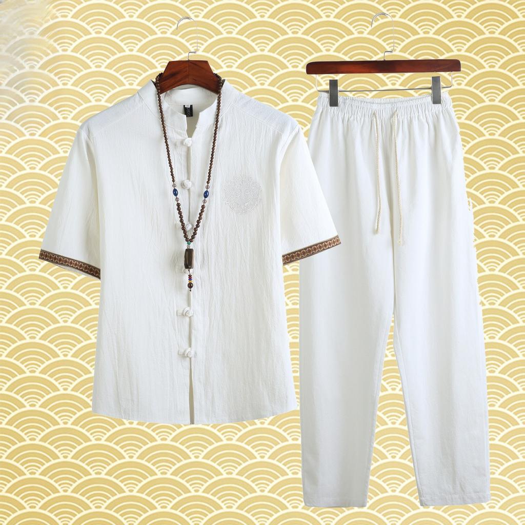 Chinese Style Summer Cotton and Linen Shirt Suit Men's Retro Button Embroidered Linen Short-sleeved Shirt and Trousers Two-piece Set
