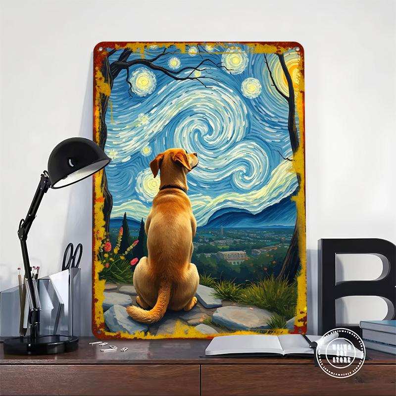 Dog Watching Starry Night Van Vogh Printed Poster Customized Wall Art Retro Vintage Metal Tin Signs for Home Decor Coffee Bar