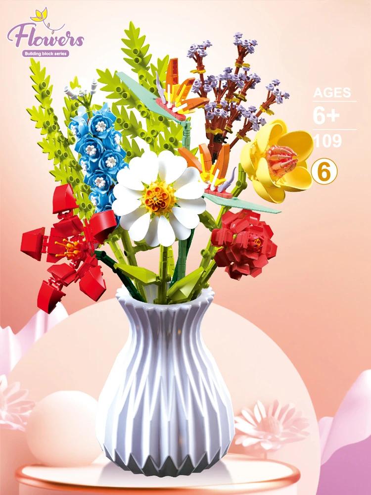 Micro Building Block with Vase Eternal Flower Bouquet Set Creative Home Decoration Ornament Compatible with