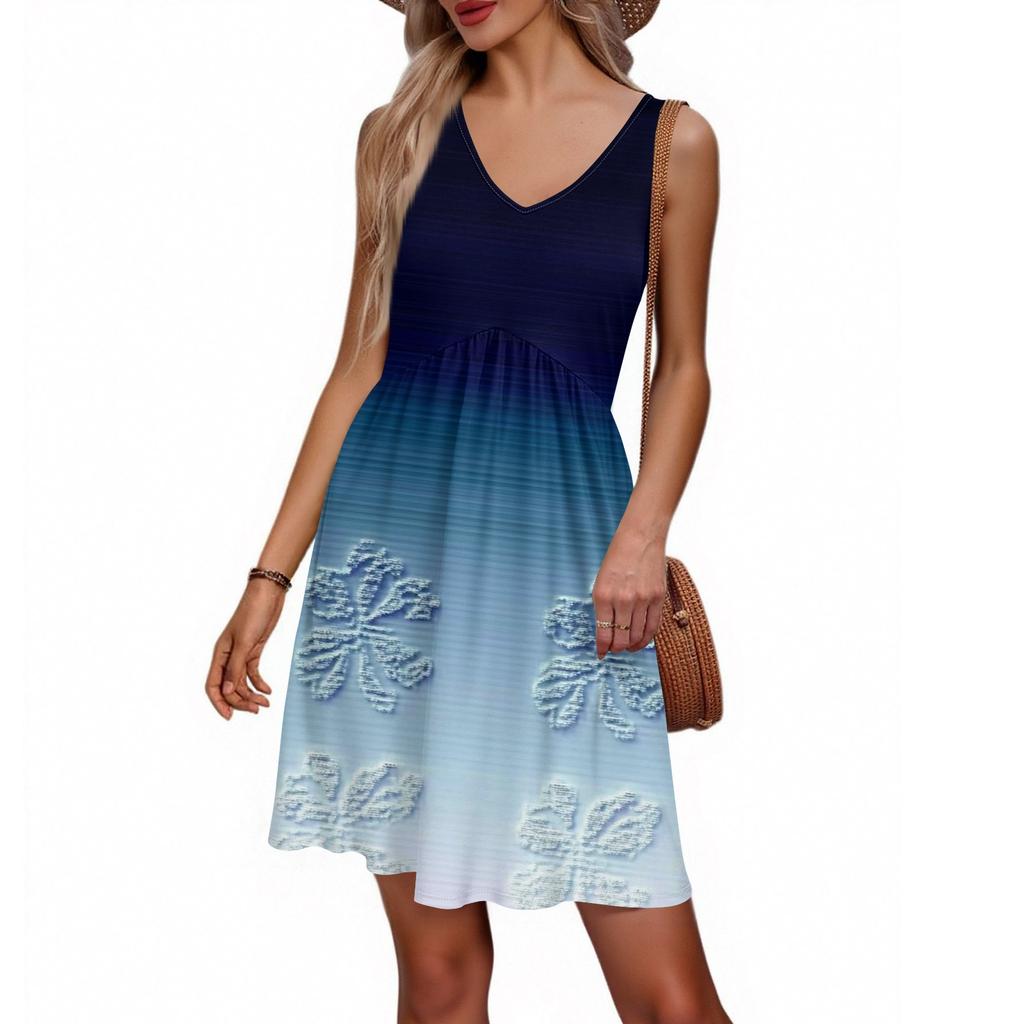 Women's Summer V-neck Casual Beach Vacation Retro Floral Print Sleeveless Patchwork Dress