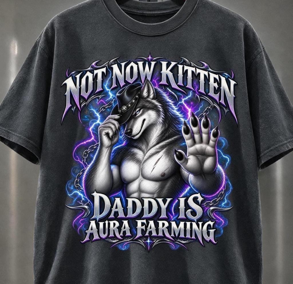 Nicht jetzt Kätzchen Papa ist Aura-Farming Shirt, Lustiges Alpha-Wolf Meme T-Shirt, Gothic Streetwear, Werwolf Grafik T-Shirt