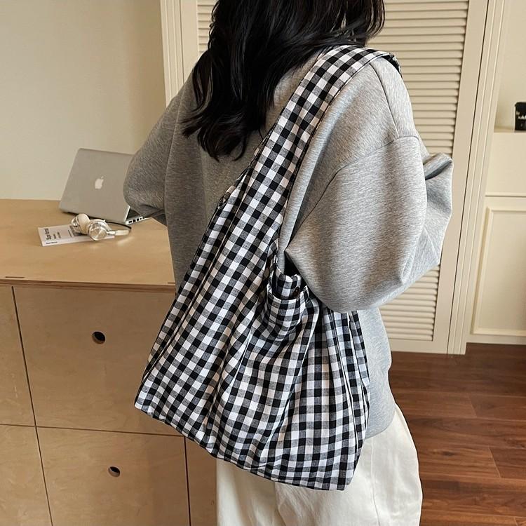 Plaid Canvas Bag Women's Large-capacity New Summer Versatile Shoulder Shopping Bag College Student Tote Bag