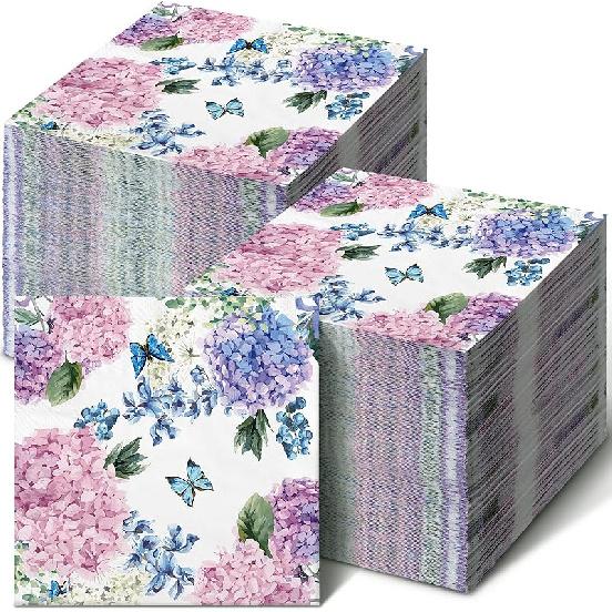 200 Pack Purple Hydrangea Napkins for Guests Floral Butterfly Napkins Disposable Dinner Hand Towels Decorative Flower Bathroom Paper for Wedding