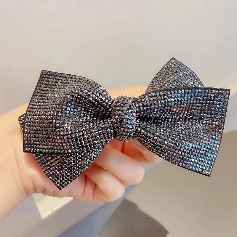 Shiny Rhinestone Double Layered Bow Hair Clip with Spring Clip for Women's Elegant Sexy Headwear Fashionable Girl Hair Accessory