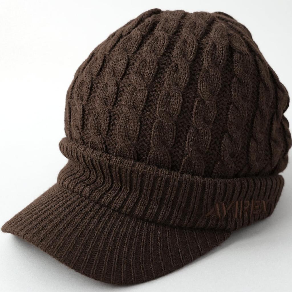 AVIREX cable knit knit cap with perfect for men and size 023 loose-fit brim, women, winter, brown,