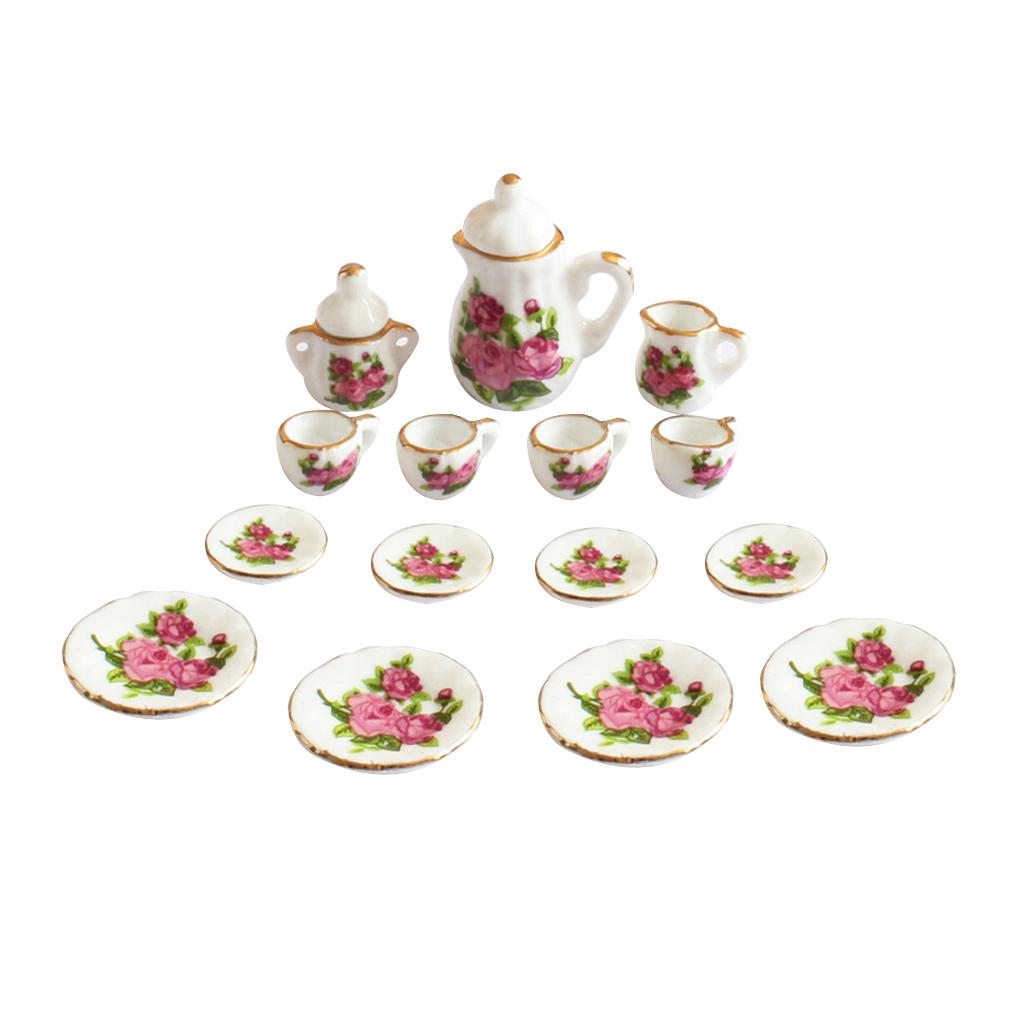 1/12 Dollhouse Miniature Dining Ware Porcelain Tea Set Dish Cup Plate Pot 15Pcs White+Pink/Green