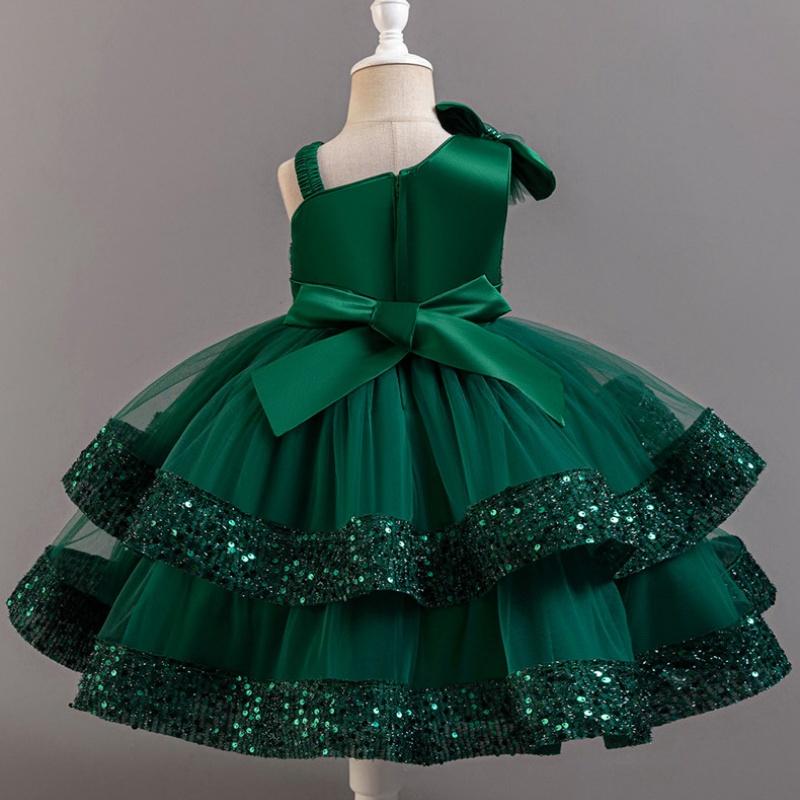 Girls Beaded Bow Tie Sequin Mesh Children's Sleeveless Evening Dress School Graduation Party Multi Layered Dress