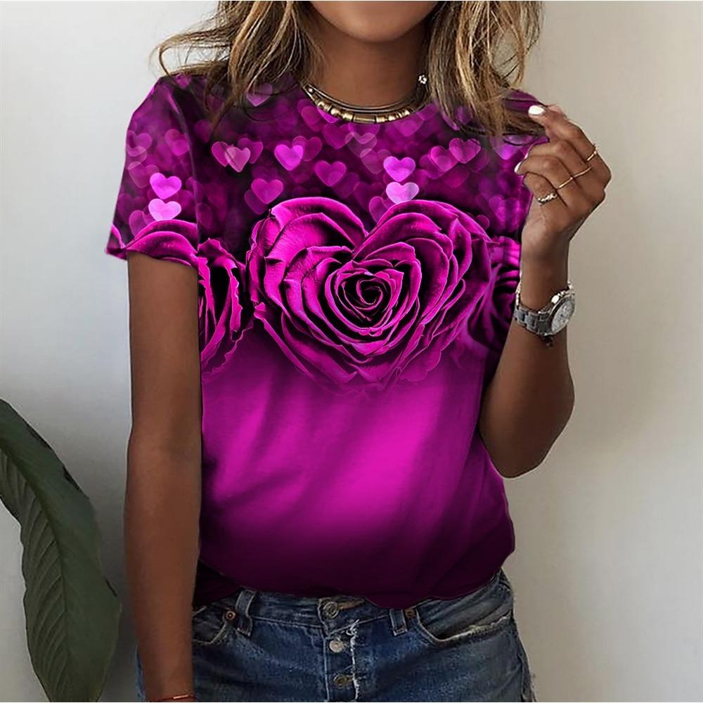 Round Neck 3D Flower Printed Top Fashionable Casual Short Sleeved Women's T-shirts - Soft Medium Stretch Polyester Fabric Summer Relaxed Fit Clothing