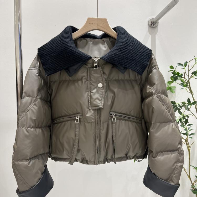 Winter European knitted lapel short down jacket women's winter protein leather splicing knitted white duck down jacket tide