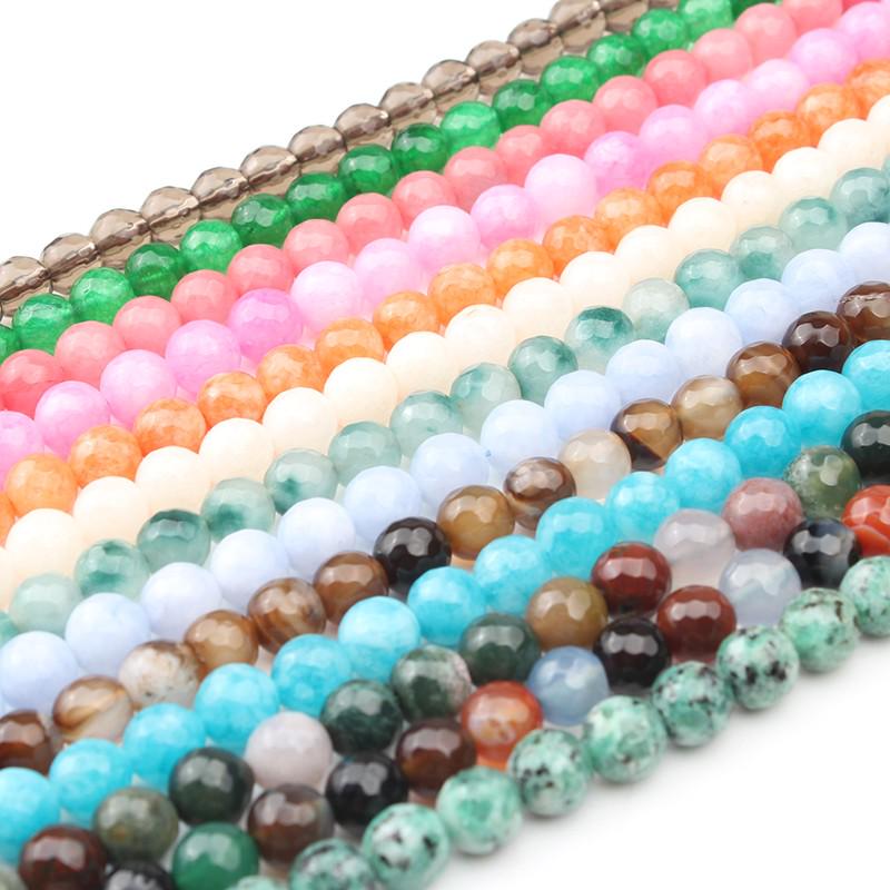 4/6/8/10/12mm Natural Faceted Pink Green Chalcedony Jades Stone Round Beads for Jewelry Making 15''