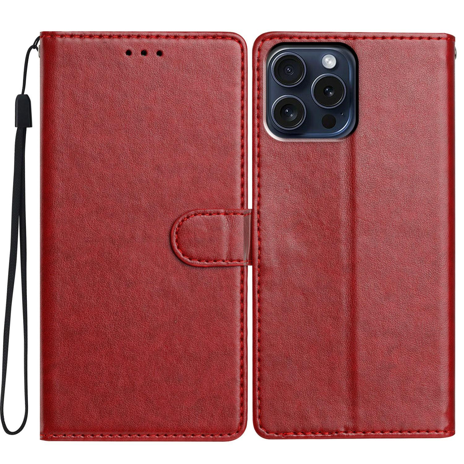 

For iPhone 15 Pro Leather Phone Case Wallet Stand Cover with Handy Strap Red
