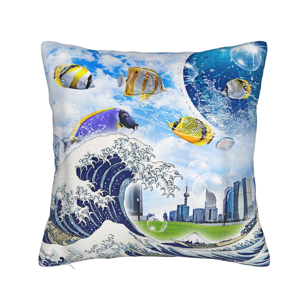 Frutiger Aero Aesthetic Square Pillow Case Tech Great Wave of Kanagawa Fishes Cushion Cover Customized Pillowcover Home 40*40cm
