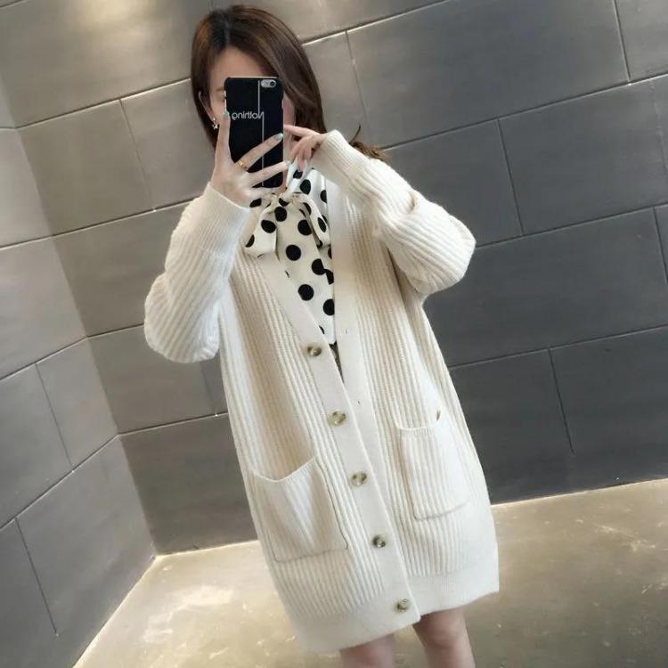 Korean Style Autumn Winter Sweater Coat for Women Loose Fit Mid Length Outdoor Knitted Cardigan