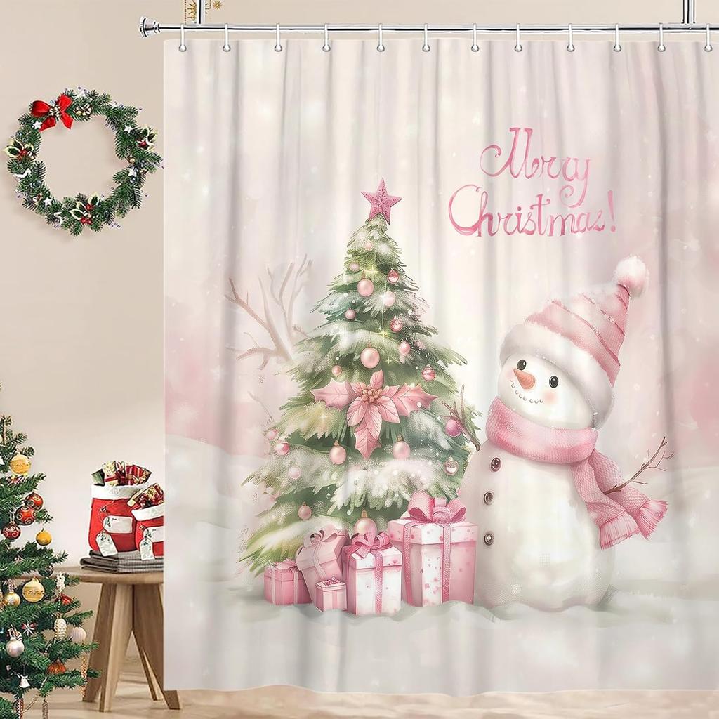Pink Christmas Tree Snowman Shower Curtain, Cute Xmas    Shower Curtains Set for Girls  Decorative, Holiday Restroom Decor