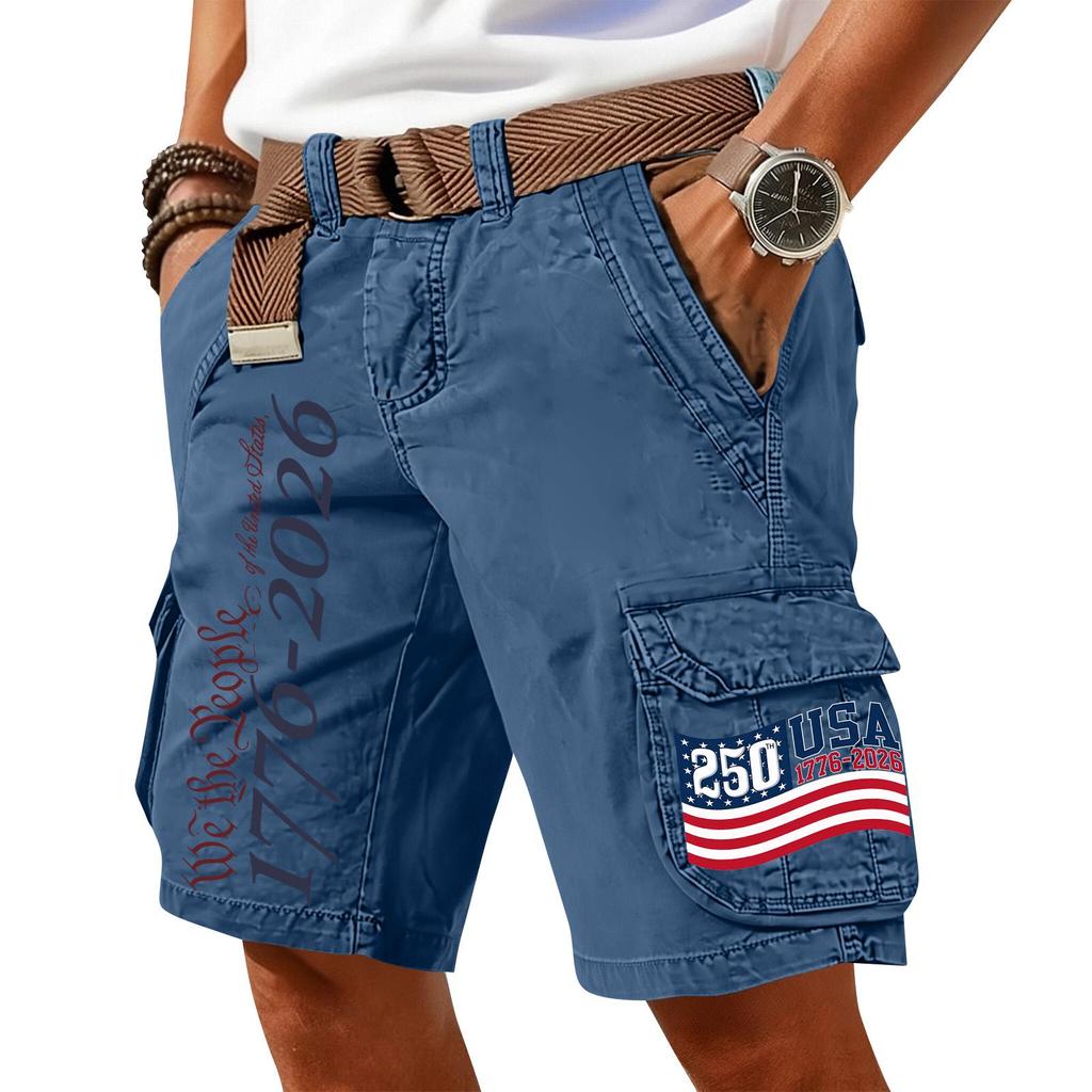 Men Cargo Shorts with Belt Cotton Fabric Multiple Pockets USA Flag Print Casual Loose Fit Outdoor
