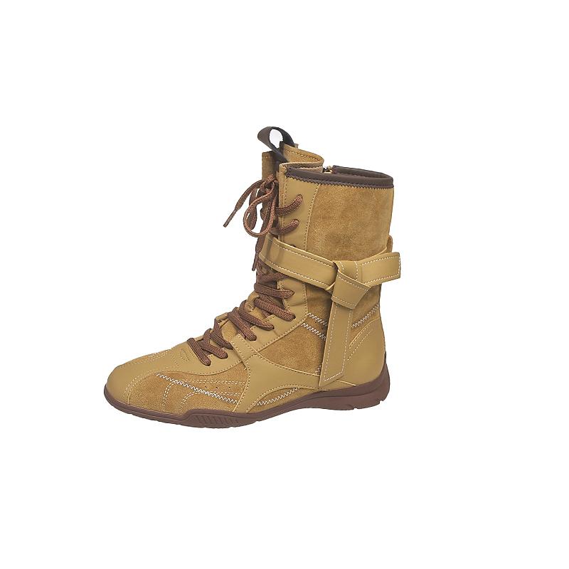 

Модные ботинки до середины голени на низком каблуке со шнуровкой спереди, осенние новинки, с круглым носком, из замши в сочетании, на мягкой подошве, противоскользящие, износостойкие, одинарные ботинки 35