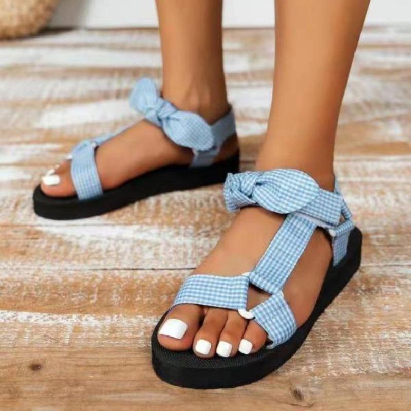 Summer New Flat-bottomed Beach Shoes Women's Velcro Bow Round Head Open-toed Leopard Print Flat-bottomed Beach Sandals