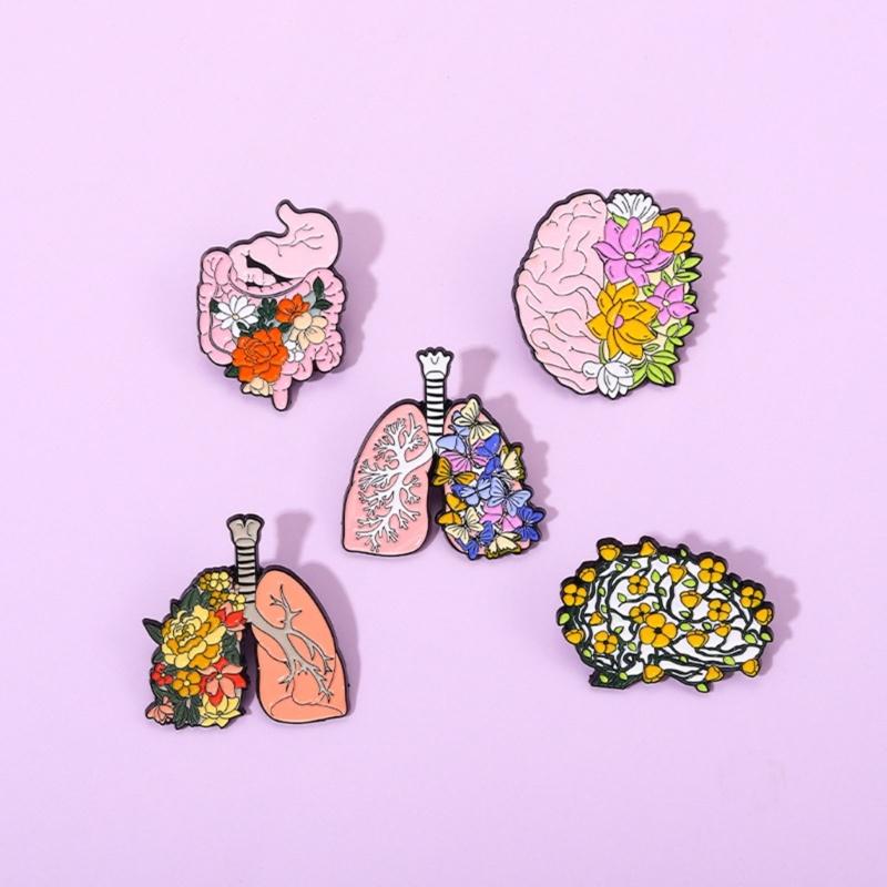 Floral Organ Enamel Pins Brain Lung Intestines Stomach Brooches Lapel Badges Cartoon Plant Jewelry Gift for Kids Friends