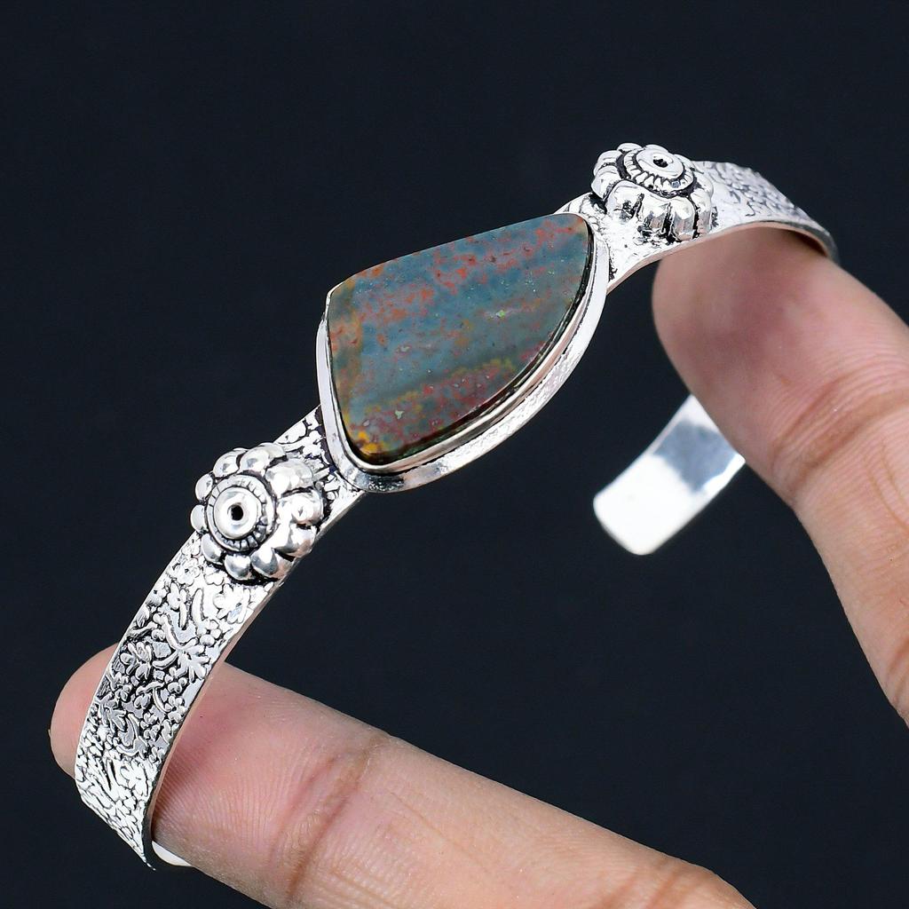Natural Bloodstone Gemstone Bangle Adjustable 925 Sterling Silver For Women