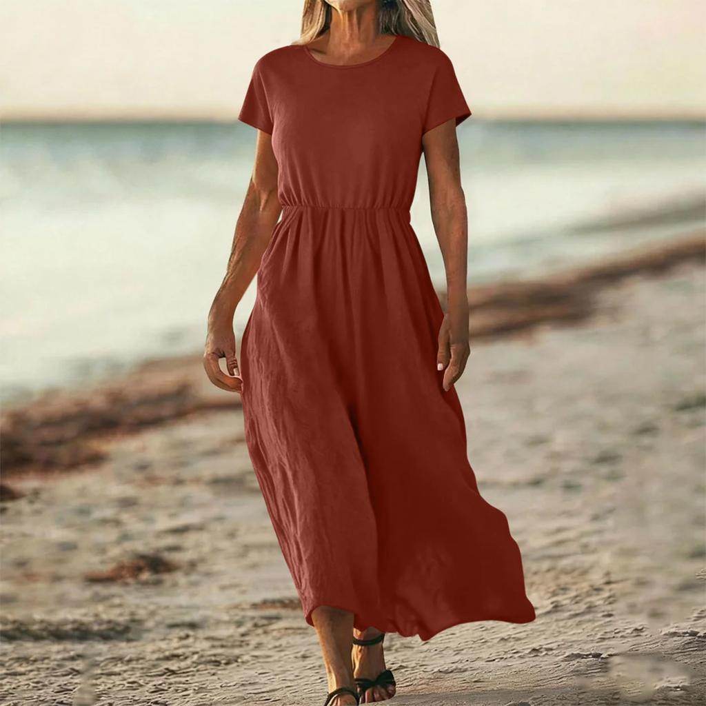 O-Neck Dress For Women Casual Comfy Cotton Linen Short Sleeve Tunic Beach Dresses With Pockets