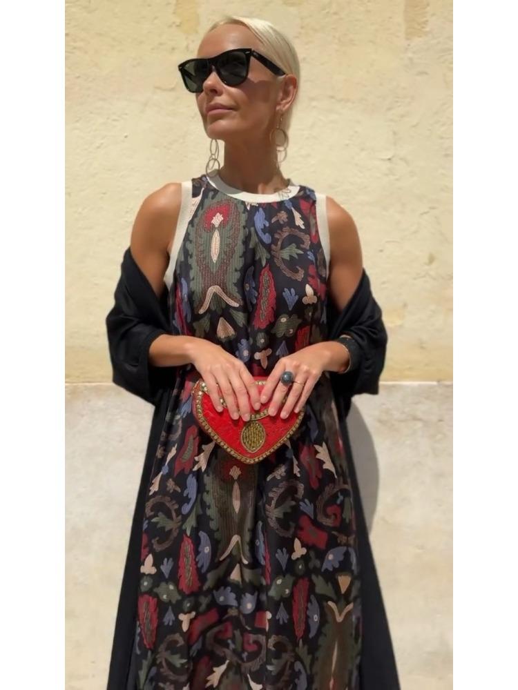 Women's Bohemian Floral Print Sleeveless Dress with Matching Long Red Cape