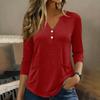 Womens 34 Sleeve V Neck Henley Pullover Top with Button and Front Pockets for Casual Daily Wear