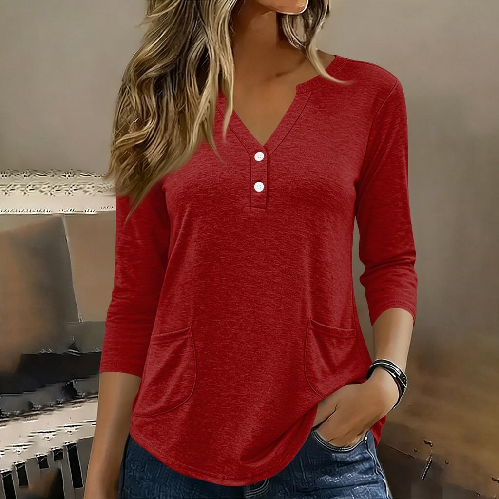 Womens 34 Sleeve V Neck Henley Pullover Top with Button and Front Pockets for Casual Daily Wear