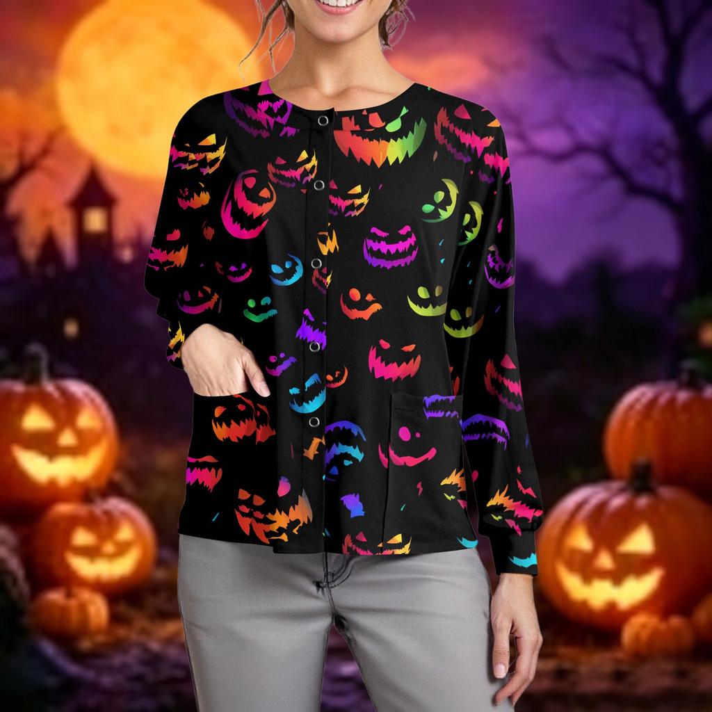 Women's Casual Long Sleeve Scrub Top with Single Buttons Halloween Print for Work Uniform