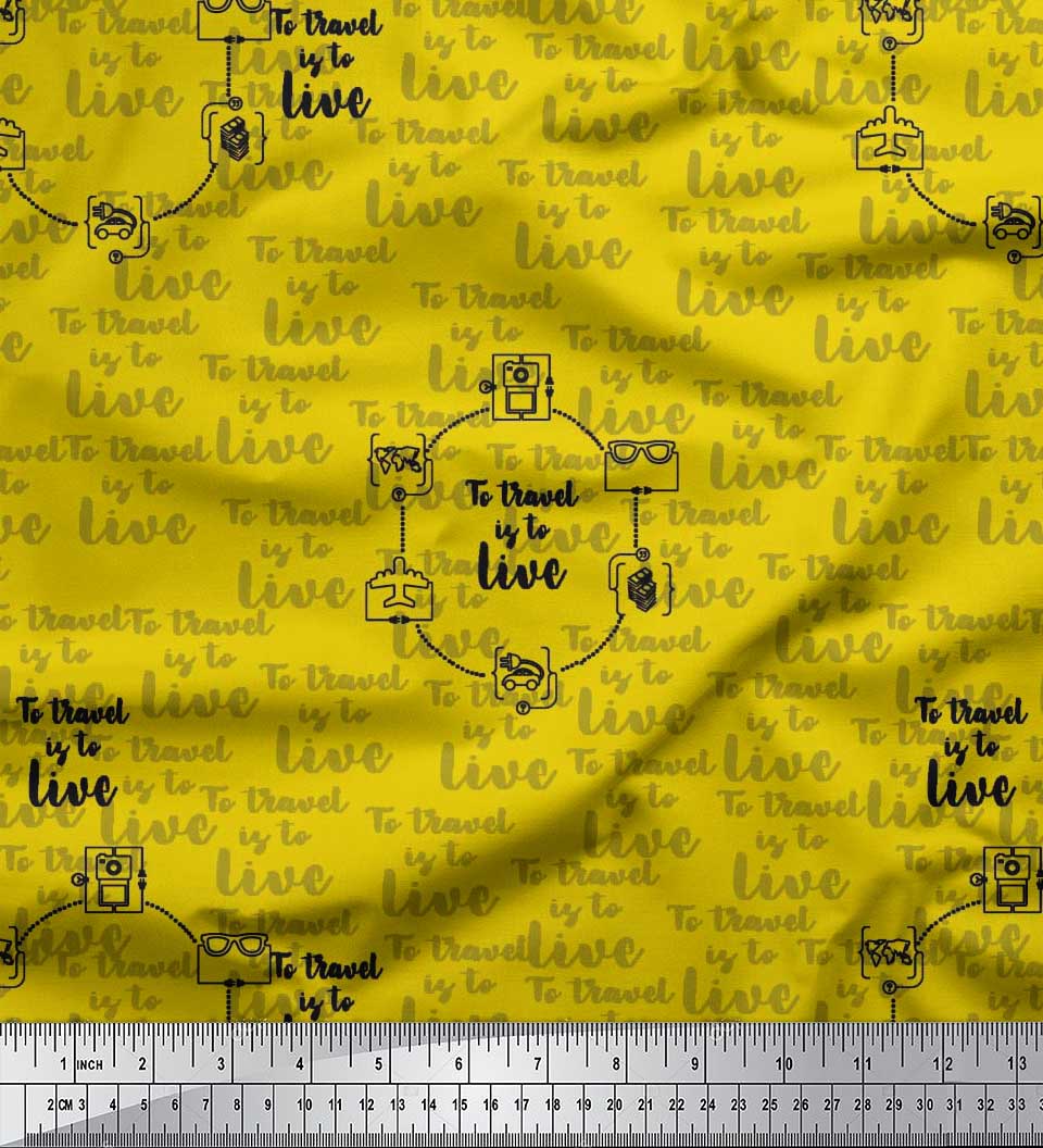 

Тканина Soimoi Beige Japan Crepe Satin To Travel is To Live Text Print Тканина на метри 42 дюйма 42 Inch Wide - Poly Crepe жовтий