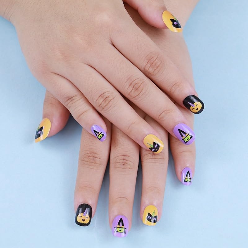 96 Pcs Kids Fake Nails Press on Nails for Girls Pre-glue Full Cover Short False Nail Tip ChildrenNails Lovely Gift for Children(Refreshing and Cute)
