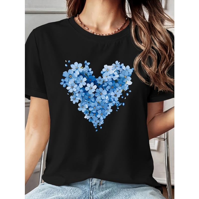 European sizes Women's Short-Sleeve T-Shirt with Blue Floral & "Forget-Me-This" Print - Soft Breathable Fabric, Round Neck Casual Blouse