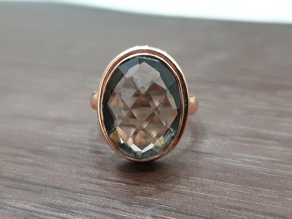 Oval Rose Cut Smoky Quartz 925 Sterling Silver Rose Gold Overlay Ring Jewelry