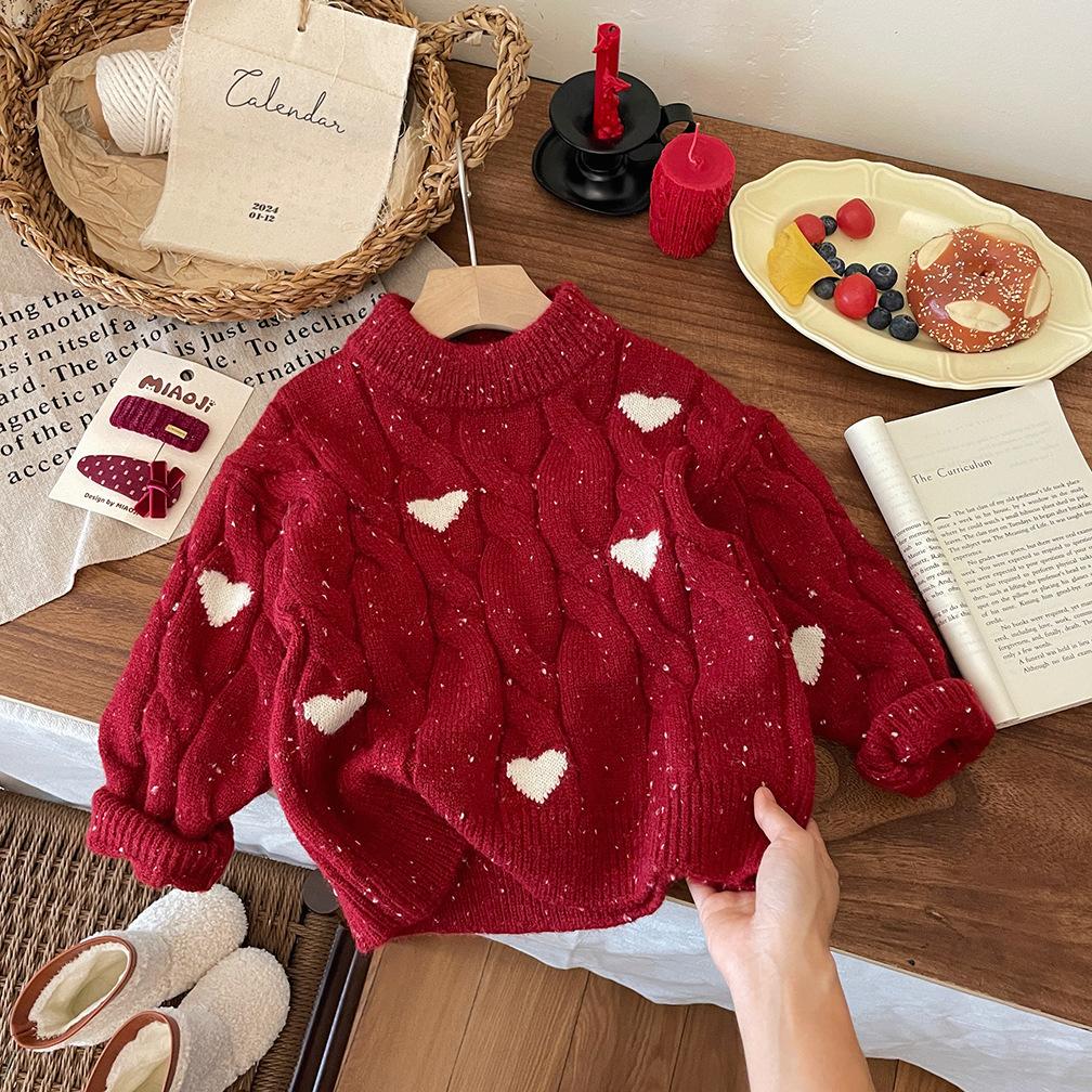 Girls winter red thickened love knitted sweater 2026 winter new baby girl Korean version foreign style pullover sweater