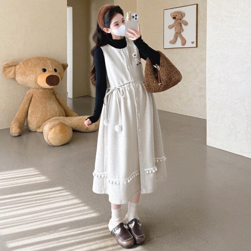 New Plus Size Maternity Winter Woolen Vest Dress & Base Layer Set in Korean Style XL
