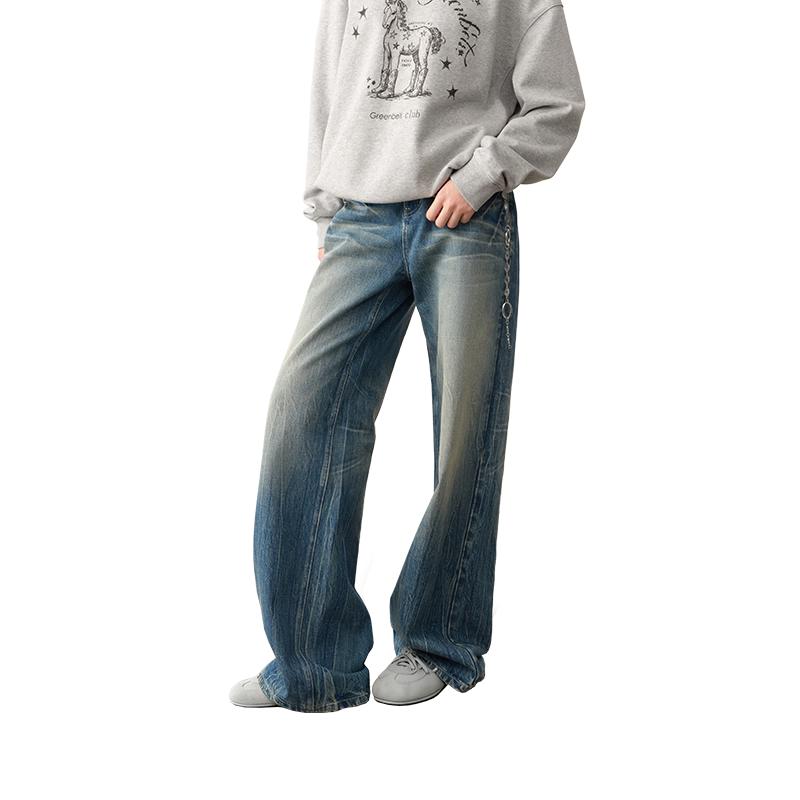 Green Belt Vintage Washed Loose Fit Wide-Leg Denim Jeans S