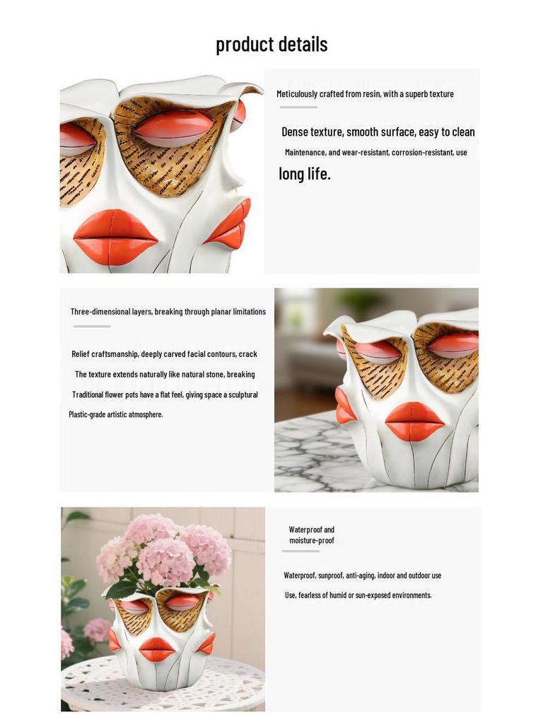 Abstract Red Lips Face Flower Pot: Resin Ornament for Courtyard, Balcony, or Garden Bonsai.
