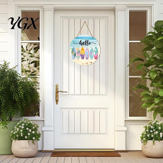 Tropical Wall Decor Hello Summer Door Sign, Ice Pop Flip Flop Welcome Hanger, Party Decoration Farmhouse Hanging Wooden Wreath for Front Home
