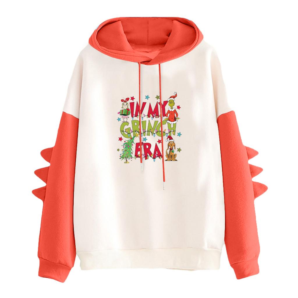 Hettegenser for kvinner med trykk og kontrasterende dinosaurmotiv, løs og avslappet passform