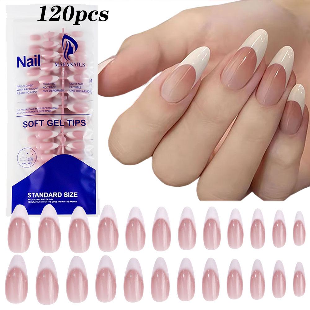 120pcs Glossy Short Square Press On Nails Nude White French Fake Nail Tips ABS Full Cover Acrylic False Nails Manicure Tools T5