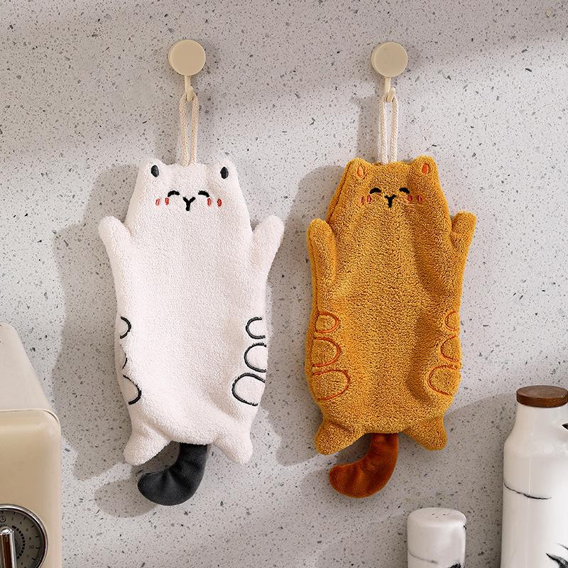 Cute Kitten Coral Fleece Hand Towel: Absorbent, Quick-Drying, Dual-Use, Hanging Kitchen Towel.