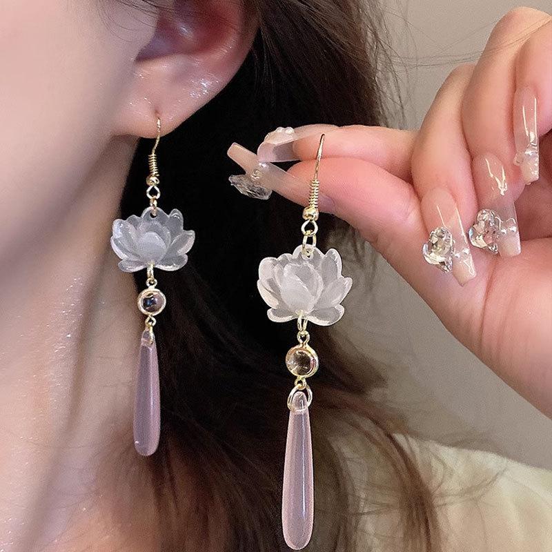 Chinese Style Lotus Resin Water Drop Long Earrings - Fashionable Ancient Design