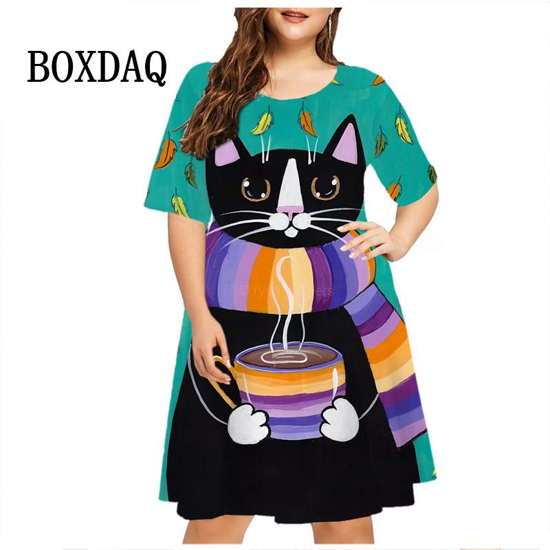 Starry Sky Cat Graphic Dress For Women Tie Dye 3D Printed Casual Loose Plus Size Dress Short Sleeve Fashion Hip Hop Kawaii Dress