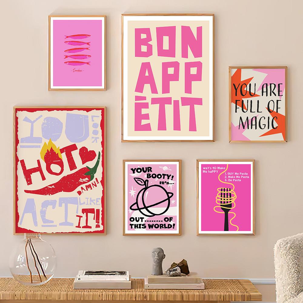 Retro Pink Colour Poster Pasta Wall Art Pictures Pasta Humour Hot Pink Fish Sardines Print Kitchen Trendy Dining Room Decor