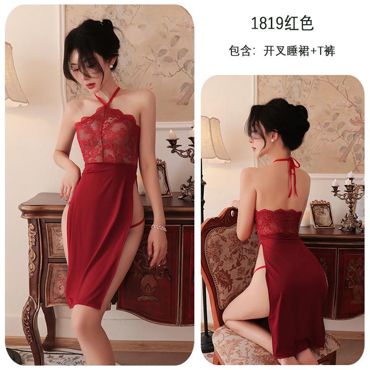 

Сексуальное нижнее белье сексуальная ночная рубашка кружево соблазнение высокий разрез горячее длинное платье кровать униформа женщина One Size (80-65kg)