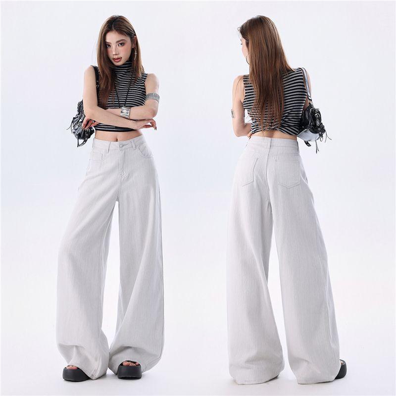 Spring Summer Thin Linen Cotton Textured Cool Old Money Drape Relaxed Wide Leg Casual Denim Pants For Women Casual Pants Oversize Denim Trousers