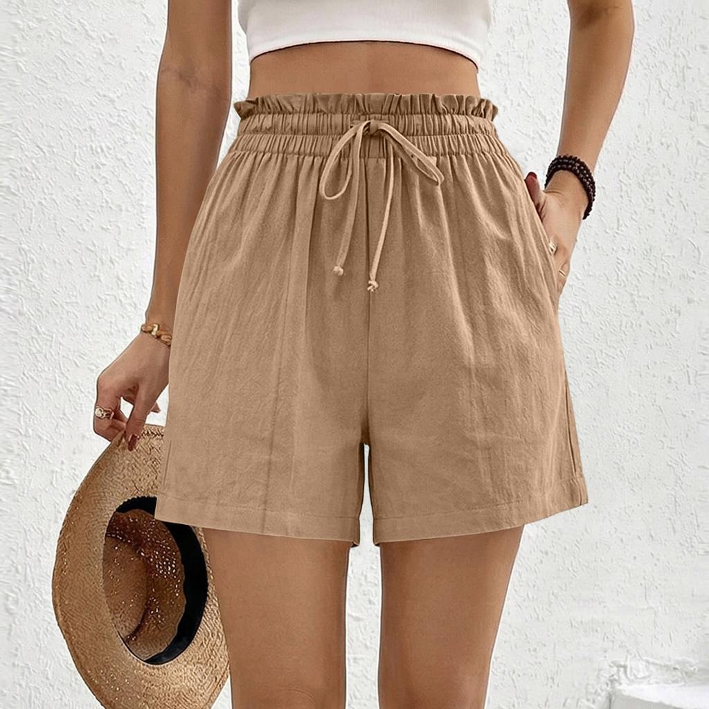High Waist Drawstring Shorts for Women Loose Fit Elastic Waistband Summer Casual Lightweight Linen Shorts with Pockets