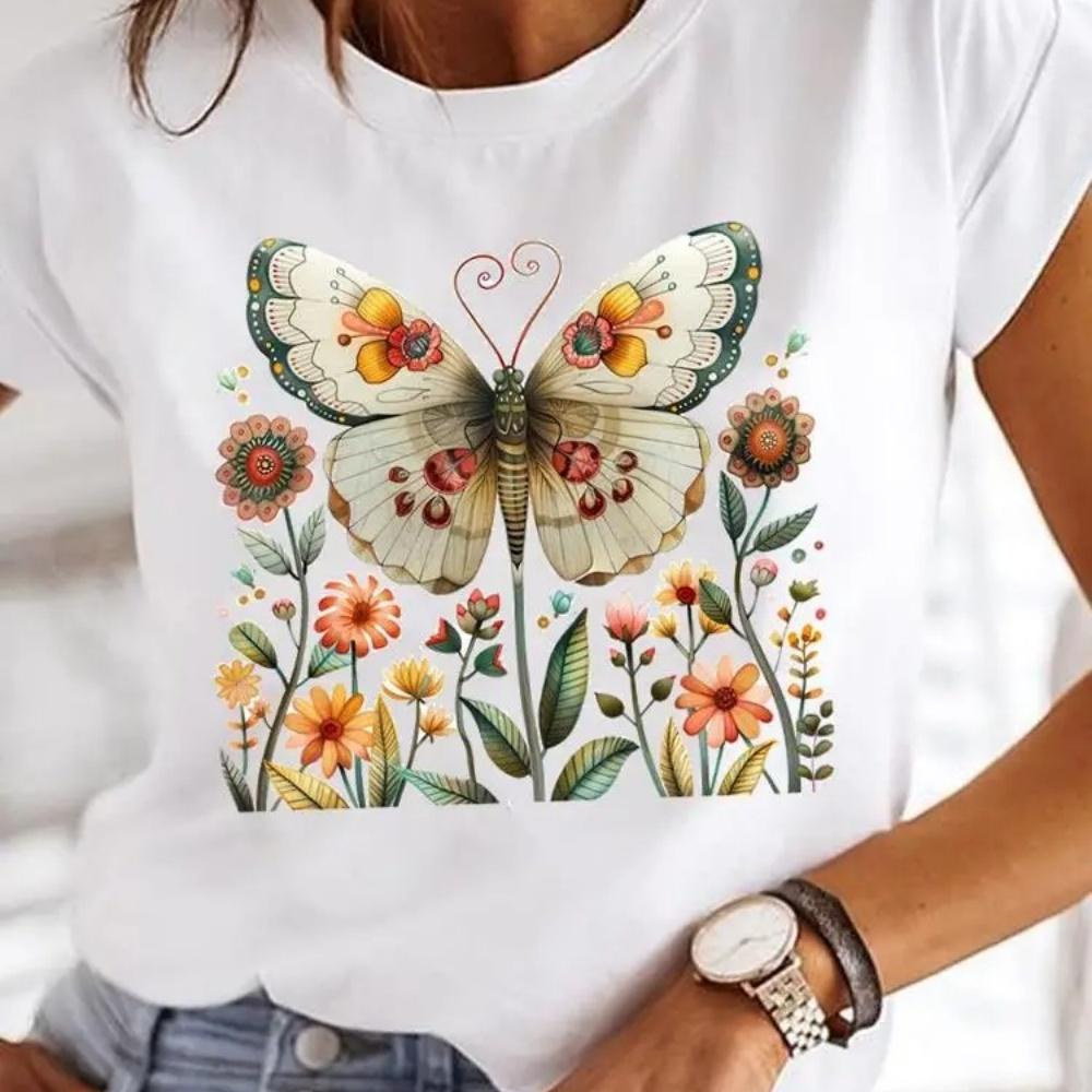 Butterfly Trend 90s Casual Top Clothes Female Short Sleeve Print Tshirts Fashion Oneck T Clothing for Women Graphic Tee