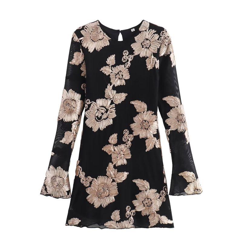 

Kaslead New Arrival Women s Clothing Fashion Style Fashion Heavy Embroidery Sexy Slim-Fit Flared Sleeves Hip Bag Dress Flower color L