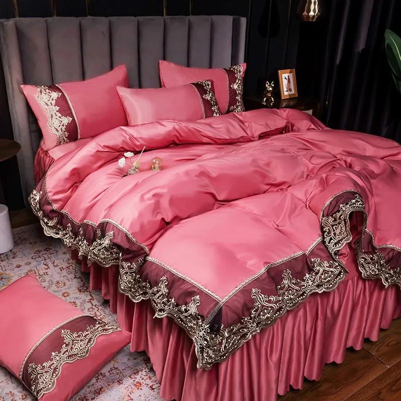 European Style Bed Skirt Four-piece Suit Non-slip Lace Bedspread Thicken Sanding Lace Quilt Cover Pillowcase Bed Linings